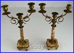 French Pair Candelabras Antique 13 Red White Marble Brass 3-Branch Candlestick
