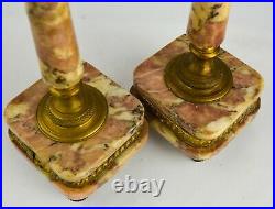 French Pair Candelabras Antique 13 Red White Marble Brass 3-Branch Candlestick
