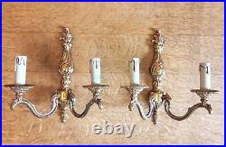 French Pair Double Wall Lights Vintage Candle Holders Brass Patina Chateau Style