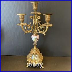 French Sevres Style Brass Candelabra Porcelain Putti Punt Pink Hand Painted