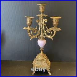 French Sevres Style Brass Candelabra Porcelain Putti Punt Pink Hand Painted