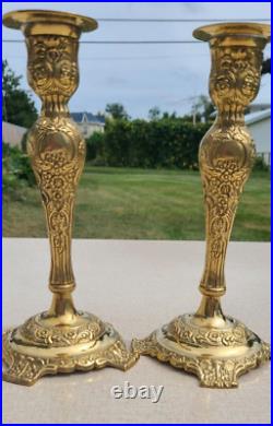 GATCO Pair of Vintage Brass Floral Repousse Candlesticks made in INDIA