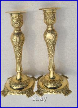 GATCO Pair of Vintage Brass Floral Repousse Candlesticks made in INDIA