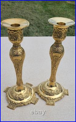 GATCO Pair of Vintage Brass Floral Repousse Candlesticks made in INDIA