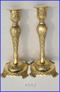 GATCO Pair of Vintage Brass Floral Repousse Candlesticks made in INDIA