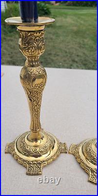 GATCO Pair of Vintage Brass Floral Repousse Candlesticks made in INDIA