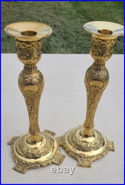 GATCO Pair of Vintage Brass Floral Repousse Candlesticks made in INDIA