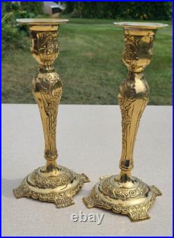 GATCO Pair of Vintage Brass Floral Repousse Candlesticks made in INDIA