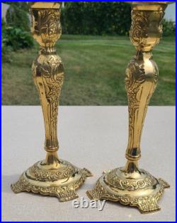 GATCO Pair of Vintage Brass Floral Repousse Candlesticks made in INDIA