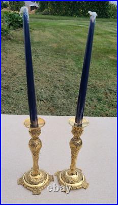 GATCO Pair of Vintage Brass Floral Repousse Candlesticks made in INDIA