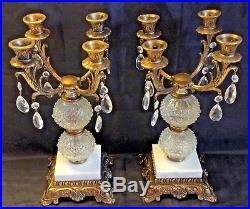 Girandole Candlesticks Candelabras 15 Brass Glass Globes Marble Crystal Prisms