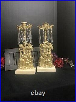 Girandoles Brass and Stone Candle Holders Antique Victorian man & Dog / pair