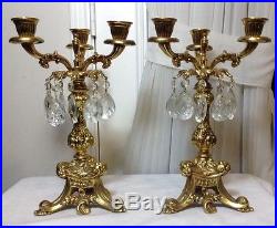 Gorgeous Pair Vintage Brass Gold 3 Arm Candle Holder With Lucite Candles &