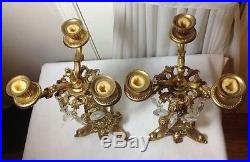 Gorgeous Pair Vintage Brass Gold 3 Arm Candle Holder With Lucite Candles &