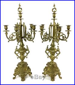 Gorgeous Vintage Italian Brass Ornate Mantle Clock & Two Magnificent Candelabras