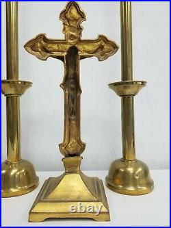 Great Brass Set Religious Altar Church Candlesticks Candelabra Crucifix Antique