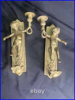 Great PAIR BRASS cherub Sconce Wall Candle Stick Holder VINTAGE