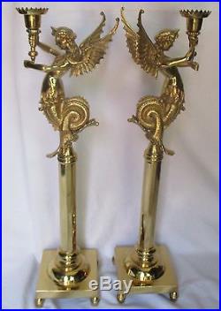 Huge Pair Mythological Winged Mermaid No Polish Brass Candlestick Candle Holders