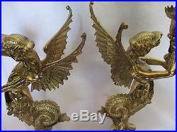 Huge Pair Mythological Winged Mermaid No Polish Brass Candlestick Candle Holders