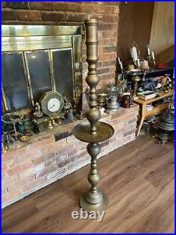 HUGE! Vintage MCM Asian 50 Brass Floor Altar Candle Holder With Mid Drip Tray