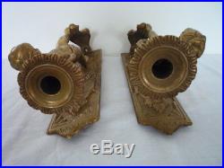 Heavy Cast Pair Of Brass Cherub Wall Sconces Candle Stick Holder Torchere Sconce