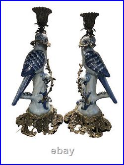 Hollywood Regency Herend Blue/cobalt Birds Brass Candle Holders