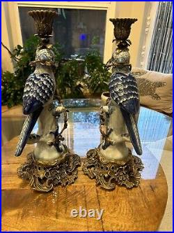 Hollywood Regency Herend Blue/cobalt Birds Brass Candle Holders