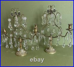 Hollywood Regency MCM Candle Stick Candelabras Crystals Brass Vintage Pair As Is