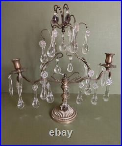 Hollywood Regency MCM Candle Stick Candelabras Crystals Brass Vintage Pair As Is