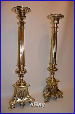 Huge Magnificent Antique Victorian Pair of Brass Candlesticks 37 Tall