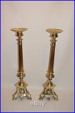 Huge Magnificent Antique Victorian Pair of Brass Candlesticks 37 Tall