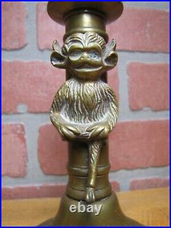 Imp Goblin Pixie Antique Pair Candlesticks Horned Devil England Bronze Brass