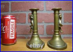 Imp Goblin Pixie Antique Pair Candlesticks Horned Devil England Bronze Brass