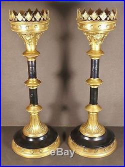 Impressive Pair of 19 Gothic Brass Pricket Candlesticks