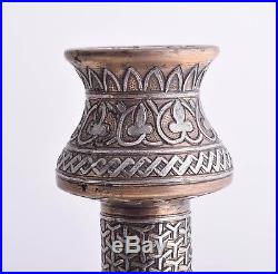 Islamic revival Mamluk style silver inlaid brass Candle Holders pair-Cairo ware
