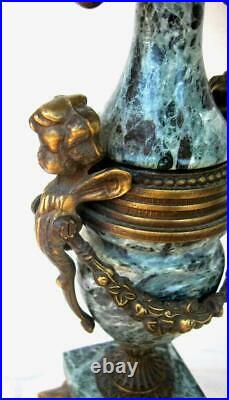 Italian Baroque Brass Bronze Green Marble Candelabra Pair Cherubs Roosters Large