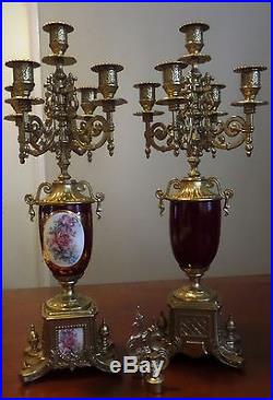 Italian, Brass/bronze Vg. Flowers 2set Candelabra Maroonred Porcelain 23hx8 3/4w