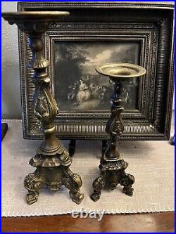 Italian Bronze Baroque Church Altar Candlesticks Religious Candle Holder Set 2