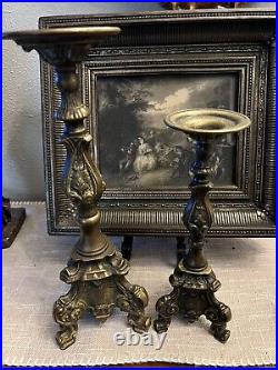 Italian Bronze Baroque Church Altar Candlesticks Religious Candle Holder Set 2