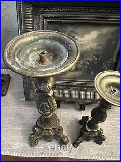 Italian Bronze Baroque Church Altar Candlesticks Religious Candle Holder Set 2