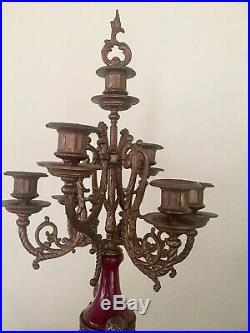 Italian Vintage Brevettato Brass/Bronze Marble Cherub Clock And Candlesticks