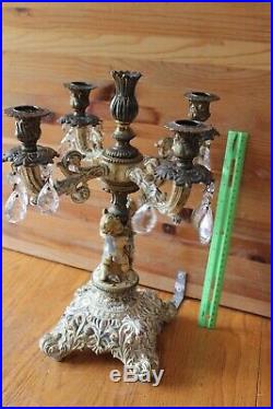 L&L Antique Brass Candelabra 5 Candle Vintage Crystals Baroque Cherub Children