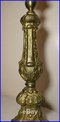LARGE 1800's antique ornate gilt brass religious Church candle holder table lamp
