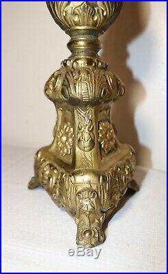 LARGE 1800's antique ornate gilt brass religious Church candle holder table lamp