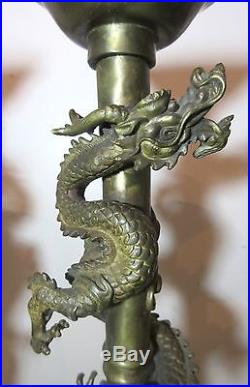 LARGE pair antique Chinese gilt bronze brass dragon candlestick candle holders