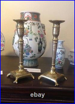 Large 18th C. Spanish Brass Candlesticks, Pair Or Near Pair Hand Threaded