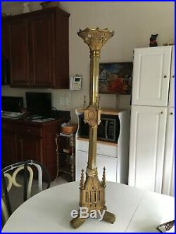 Large Antique All Brass Church Floor Altar Candle Holder 36 tall
