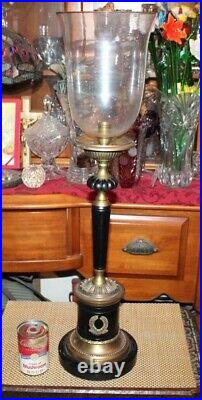 Large Antique Federal Candle Holder Black Metal Brass Trim Glass Top