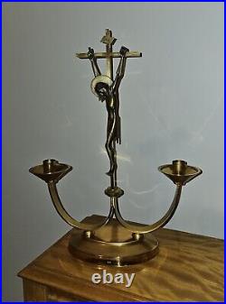 Large Brass & Bronze Mid-Century Modern Crucifix Candelabra