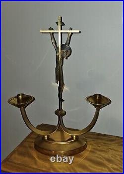 Large Brass & Bronze Mid-Century Modern Crucifix Candelabra